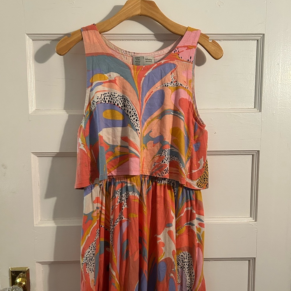 Anthropologie Coral Pink Blue Yellow Abstract Midi Dress
